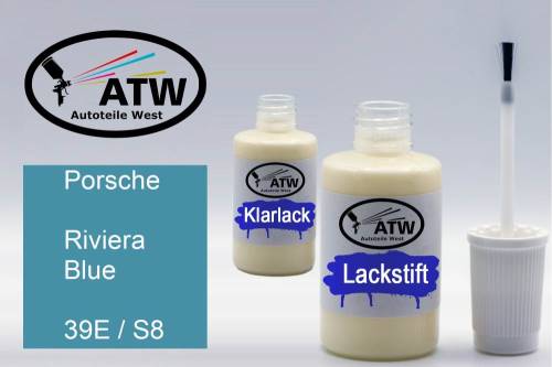 Porsche, Riviera Blue, 39E / S8: 20ml Lackstift + 20ml Klarlack - Set, von ATW Autoteile West.
